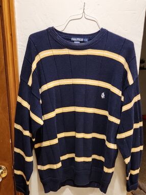 Nautica Navy Crewneck Sweater with Yellow Stripes